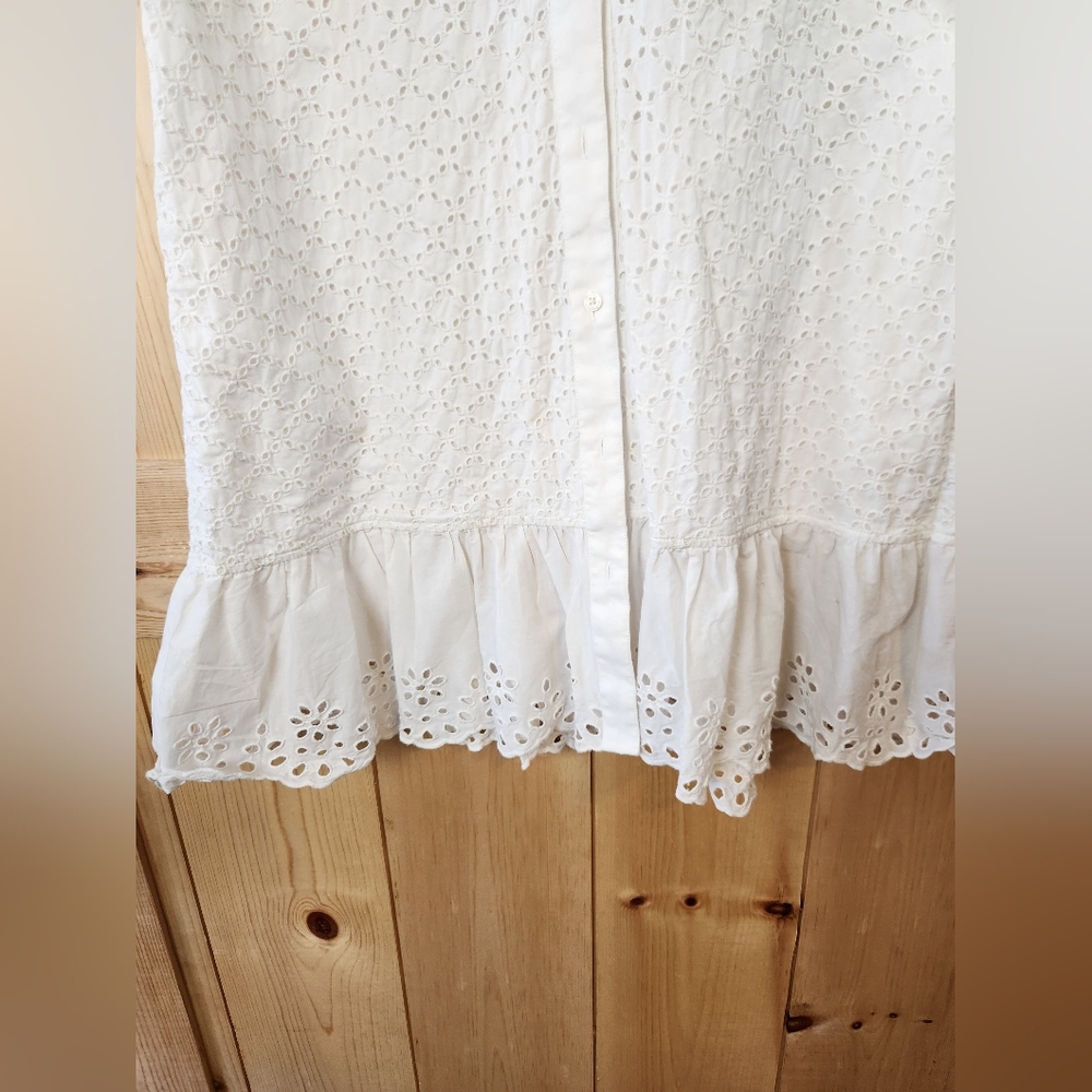 UNTUCKit Pearl White Cotton Eyelet Cap Sleeve Button Down Front Ruffle Hem Dress - Picture 3 of 14